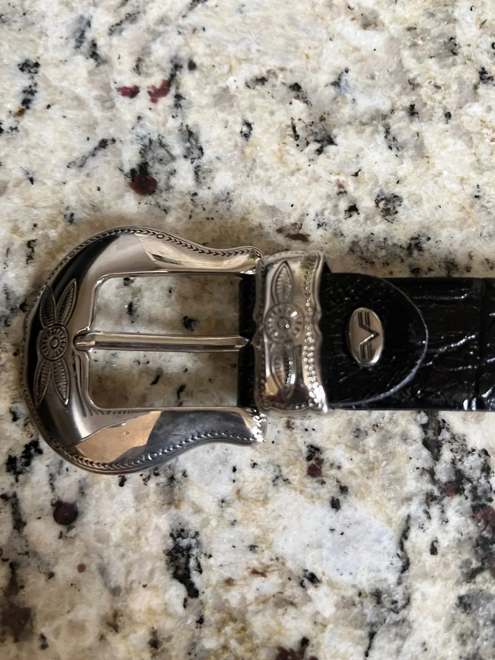 VTG Valentino Black Leather Large Silver Buckle Belt 34